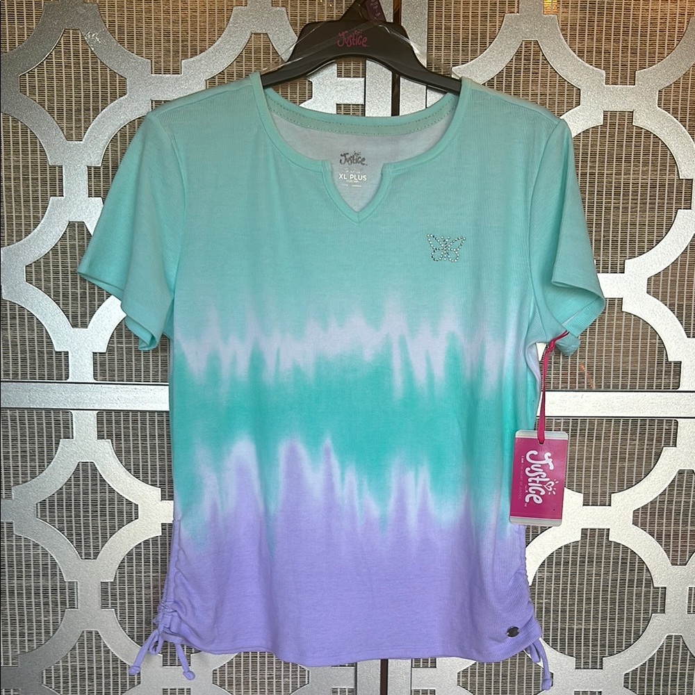 Justice teal, White and Purple Short Sleeve Tee